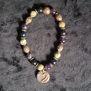 Multi-color Bead/Stone Bracelet with Heart Charm-blue, purple, black, off-white